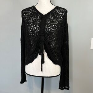 Black Adjustable Cropped Knit Wizard Flare Sleeve Sheer Long Sleeve Blouse